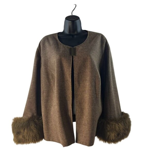 Terry Lewis Faux Fur Trim Wool Blend Open Cardigan Jacket 2X - Picture 1 of 10